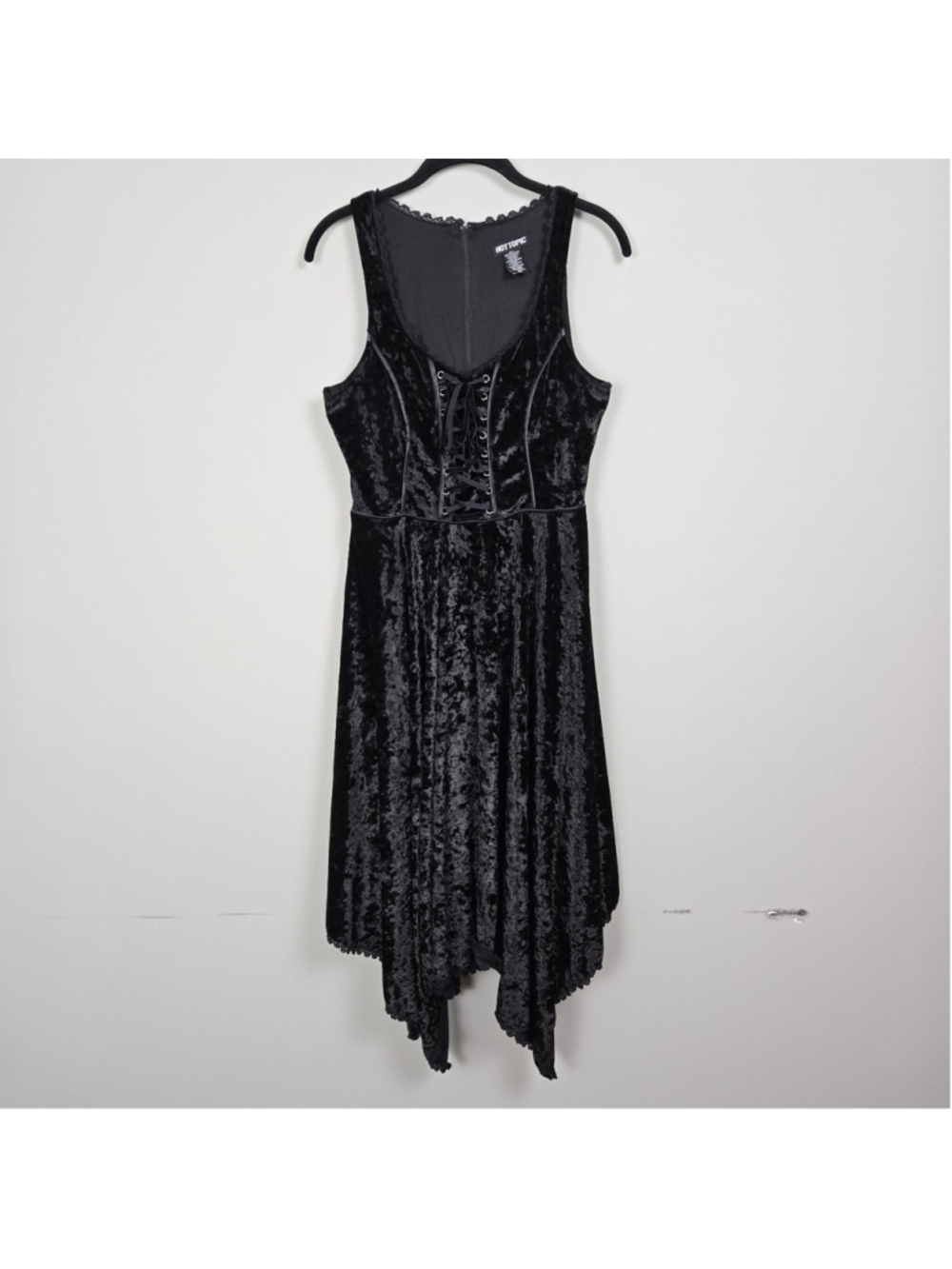 Hot Topic Crushed Velvet Witchy Corset Dress Medium Black Hanky Hem Whimsigoth - Picture 2 of 9